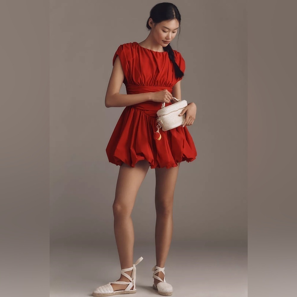 NWT! Anthropologie Red Extro&Vert Orla Sleeveless Pleated Bubble Mini Dress 🦢 - Picture 4 of 7